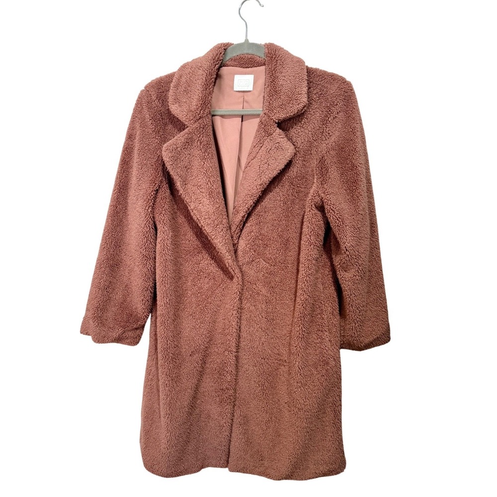 14th‎ Union Women Dusty Rose Teddy Coat Faux Fur Borg Notched Lapel Mauve Medium